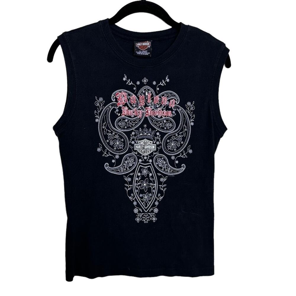Harley Davidson Large Muscle Tee Daytona Red Sparkle Black Muscle 100% Cotton